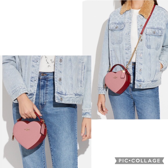 NWT COACH HEART CROSSBODY IN COLORBLOCK  LEATHER TOP HANDLE GOLD/TRUE PINK - Picture 6 of 14
